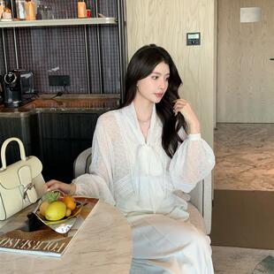 坤总【智媛oni】白色长袖衬衫女秋新款设计感拼接蕾丝气质上衣女