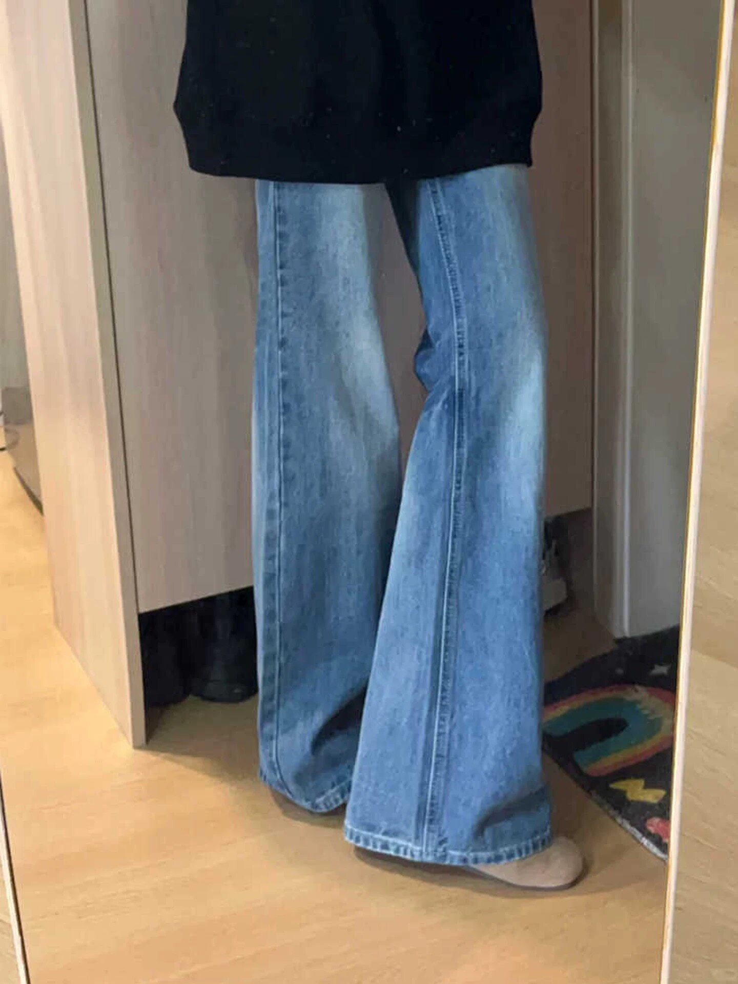 加绒加厚复古蓝微喇牛仔裤女秋冬季新款小个子高腰显瘦阔腿喇叭裤