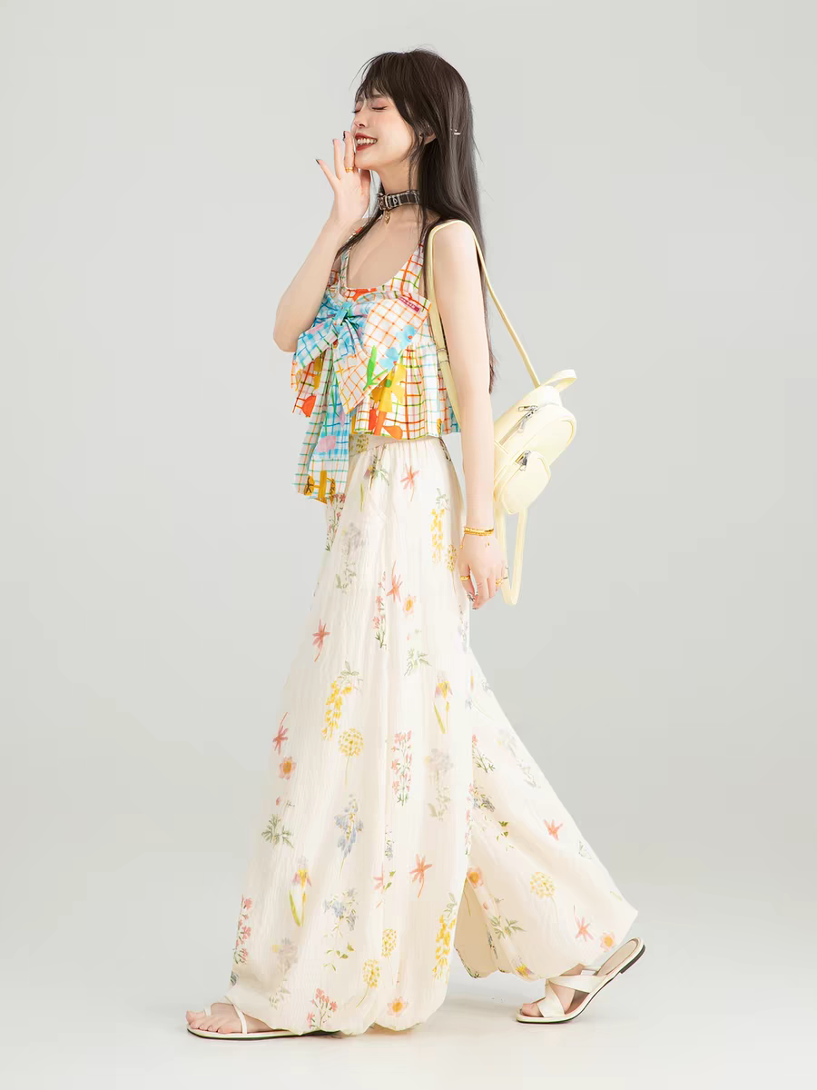 KEIKO 肌理感碎花绉布阔腿裤女春季梨型休闲宽松花苞裙裤灯笼长裤