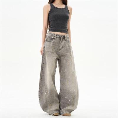 尾郎的店美式复古高街泼墨牛仔裤男设计感高级感弯刀小众裤子情侣