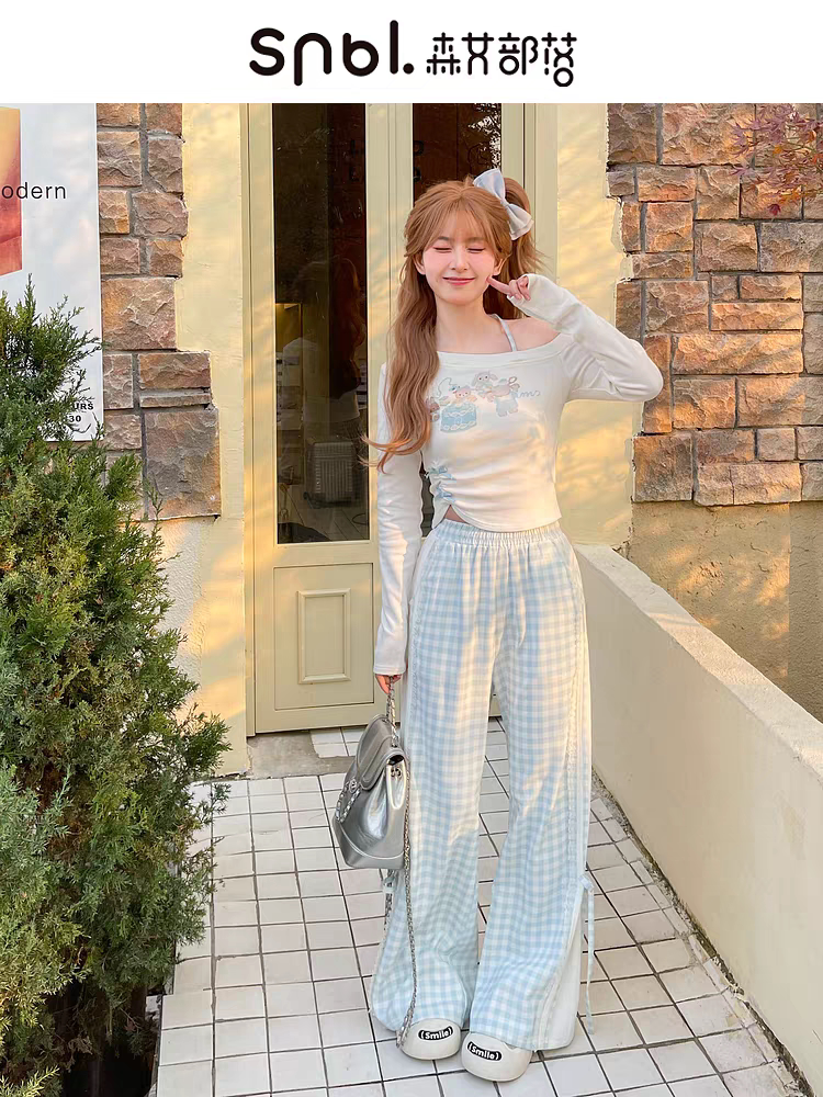 森女部落蓝色格子阔腿裤女2026夏薄款小个子宽松慵懒风休闲裤子春