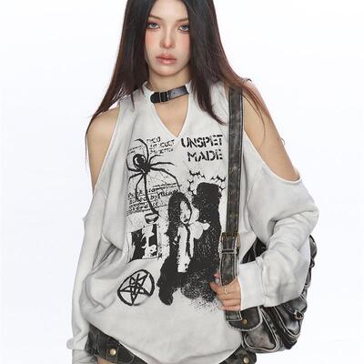 BIGGOLD辣妹蜘蛛涂鸦露肩长袖卫衣女秋冬做旧设计感宽松显瘦上衣