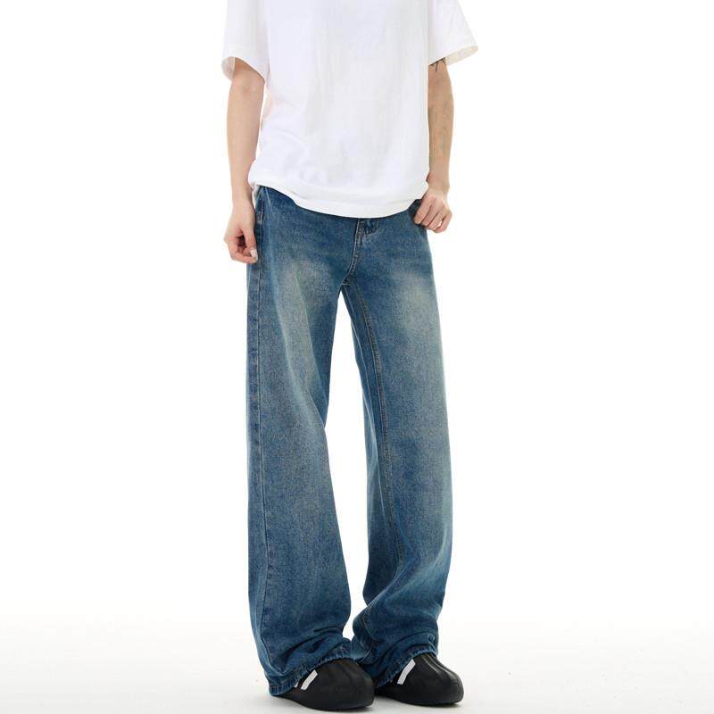 YEBOUN美式复古cleanfit深蓝色牛仔裤男微喇高街阔腿宽松直筒裤子