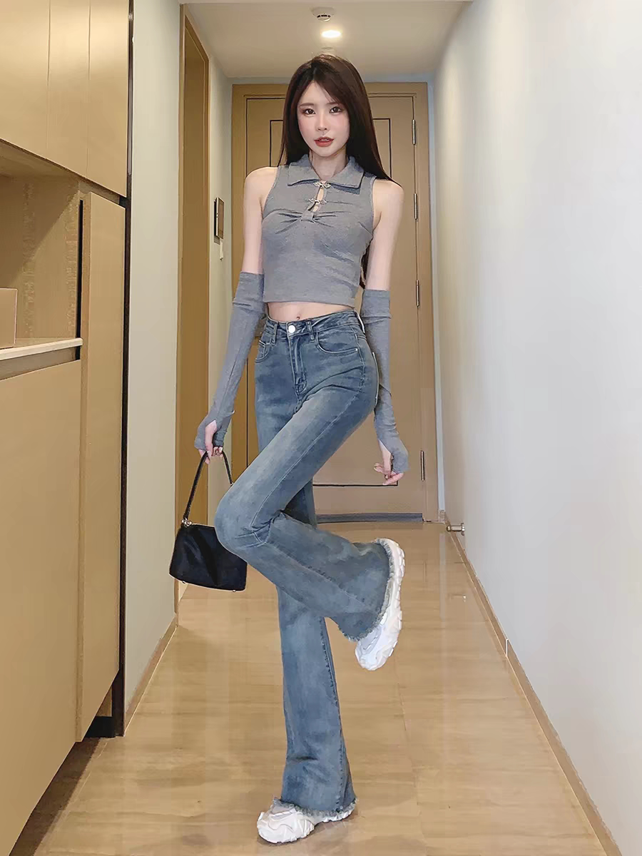 高腰毛边微辣喇叭牛仔裤女小个子梨型身材浅蓝色2025新款显瘦爆款