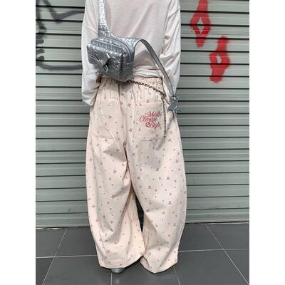 EAHO 美式慵懒风碎花满印阔腿裤男女高腰宽松直筒ins刺绣休闲裤