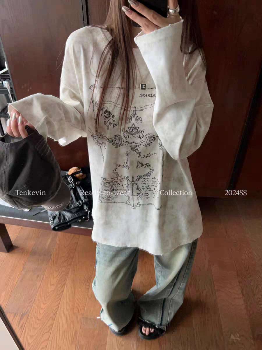 十一石 日落陷阱 水洗做旧印花长袖t恤女小个子宽松内搭打底衫ll