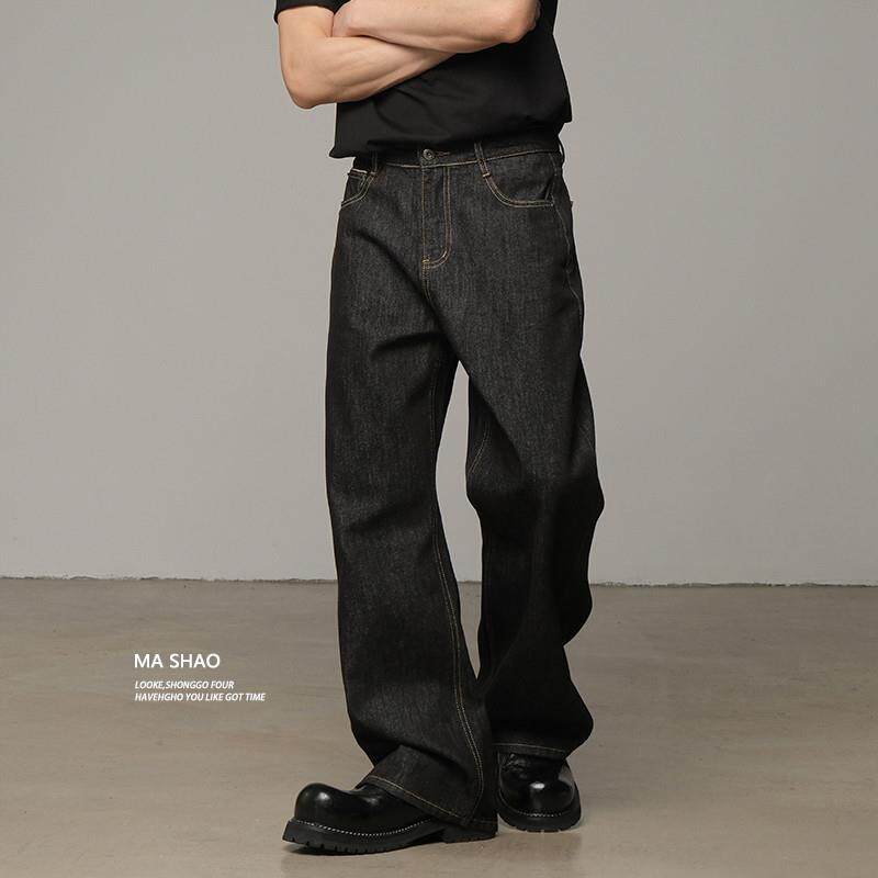 美式复古原牛赤耳牛仔裤男黑色宽松直筒A字阔腿长裤子2025夏新款