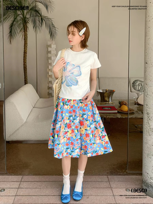 BESOBER原创 满印花卉蓝色蓬蓬花苞百褶半身裙女百搭休闲中长裙夏