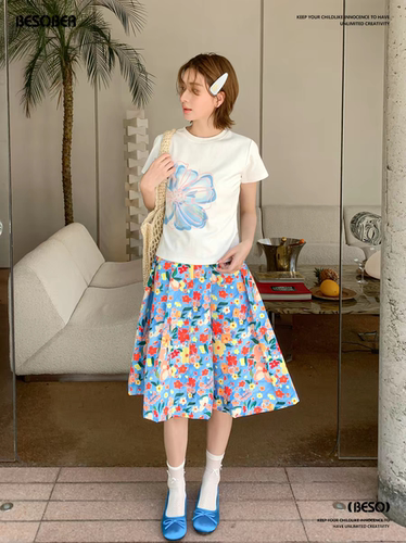 BESOBER原创 满印花卉蓝色蓬蓬花苞百褶半身裙女百搭休闲中长裙夏