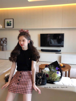 csk丘比特 覆盆子 格纹a字半身裙女装夏季新款高腰显瘦短裙子百搭