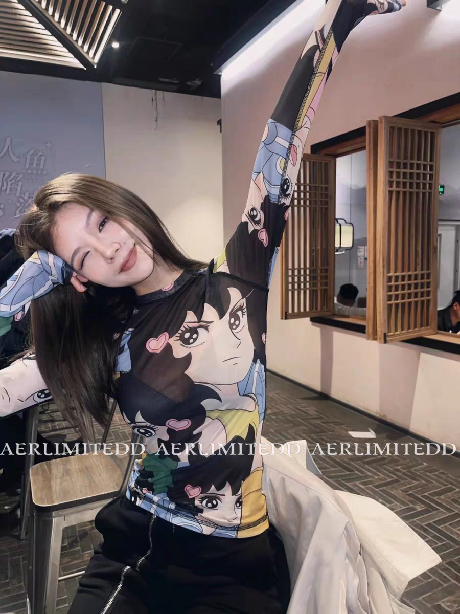 首尔秀款~jennie同款上衣宽松卡通美少女图案印花防晒打底网纱t恤