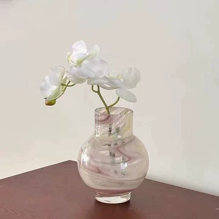 幻彩玻璃粉色云纹肌理水养玫瑰百合插花瓶样板间摆件桌面小花瓶