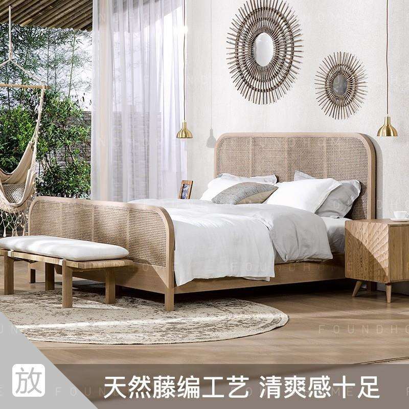 北欧实木藤编双人床现代简约原木色藤床民宿极简风编藤床主卧大床