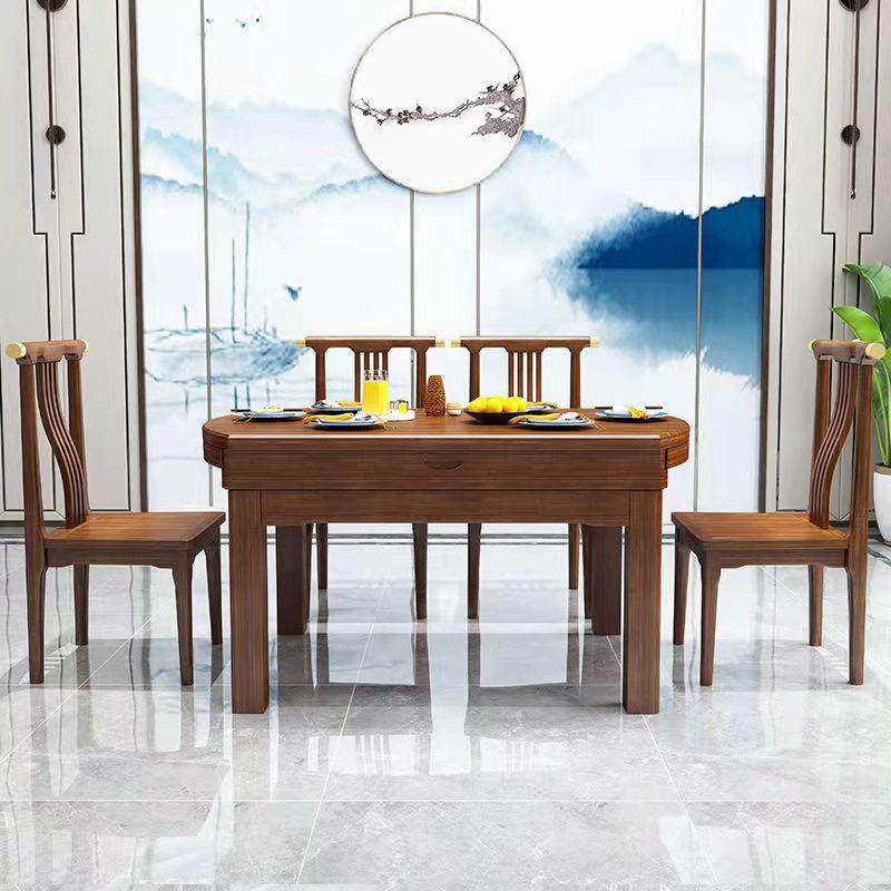 新中式金丝檀木实木餐桌椅组合折叠一桌四椅餐厅家具家用饭桌圆桌