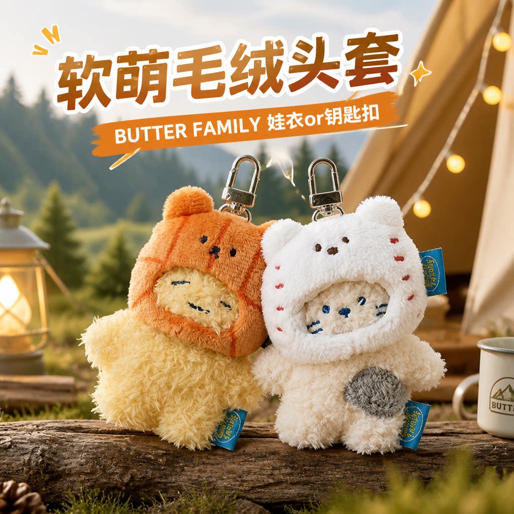 韩国BUTTER毛绒钥匙扣包包挂件挂饰黄油牛奶猫头套娃衣玩偶配饰