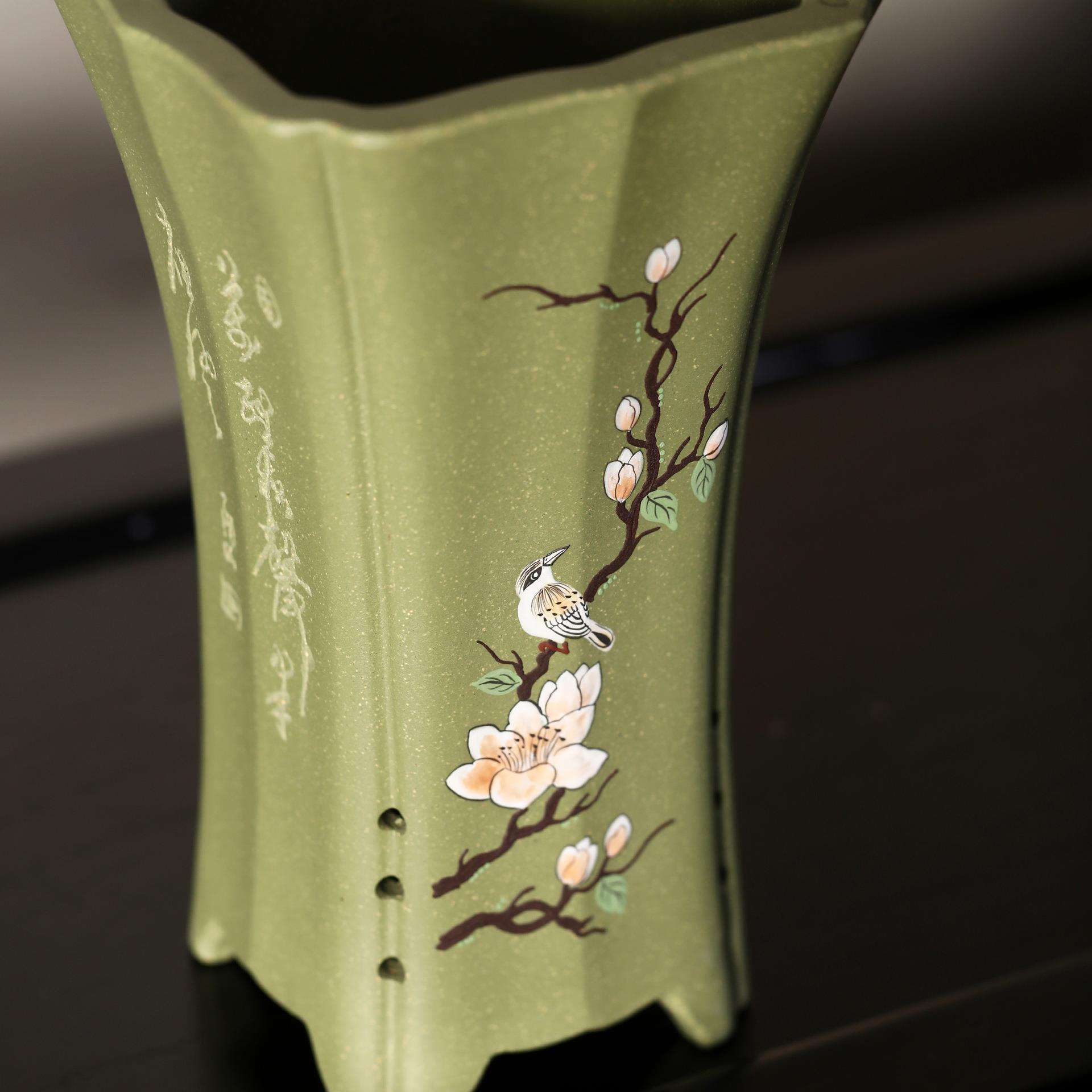 紫砂花盆陶瓷盆景盆苏玲名家盆手绘刻绘花鸟兰花盆绿泥兰盆觅陶乡