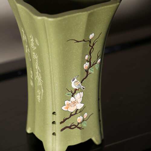 紫砂花盆陶瓷盆景盆苏玲名家盆手绘刻绘花鸟兰花盆绿泥兰盆觅陶乡