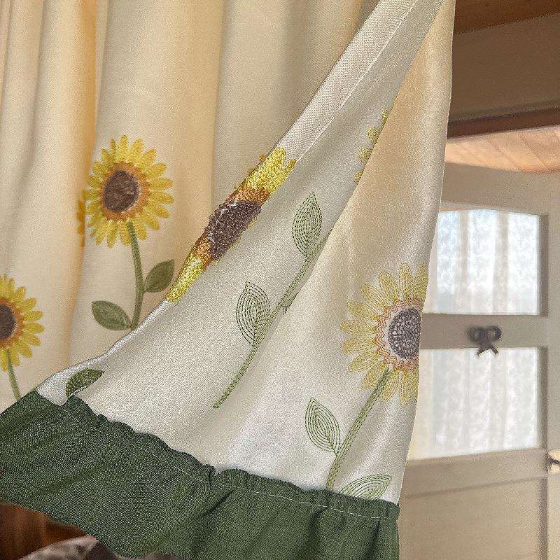 向日葵荷叶边半帘咖啡帘玄关卧室美式复古窗帘免打孔门帘粘贴