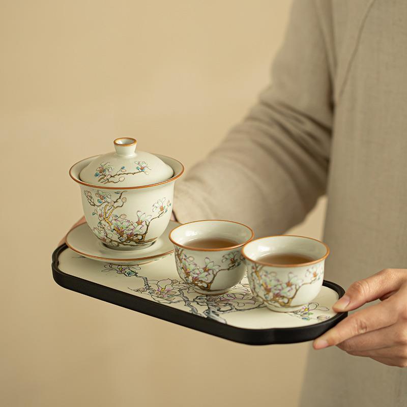 景德镇国风玉兰花盖碗茶具陶瓷套装茶杯三才盖碗茶盘户外办公家用