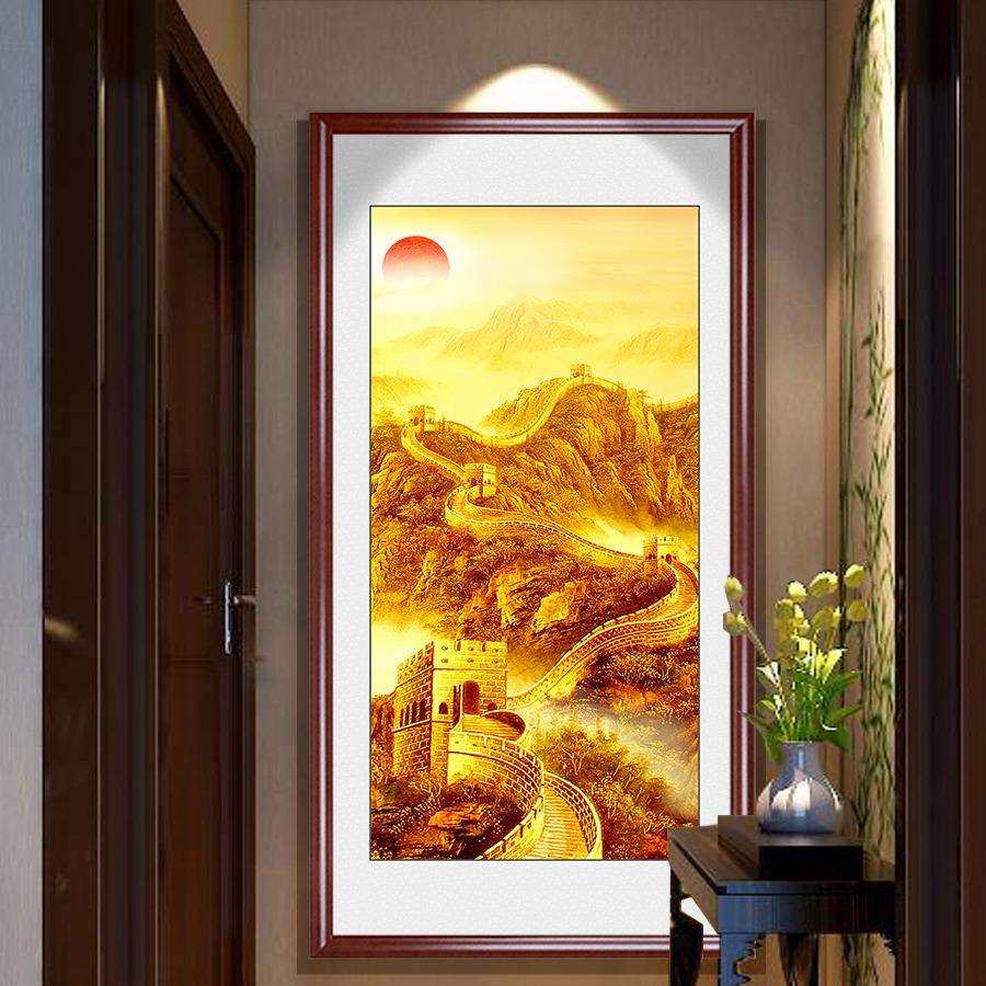 玄关竖版装饰画金色长城画靠山图国画办公室客厅山水走廊壁画大气
