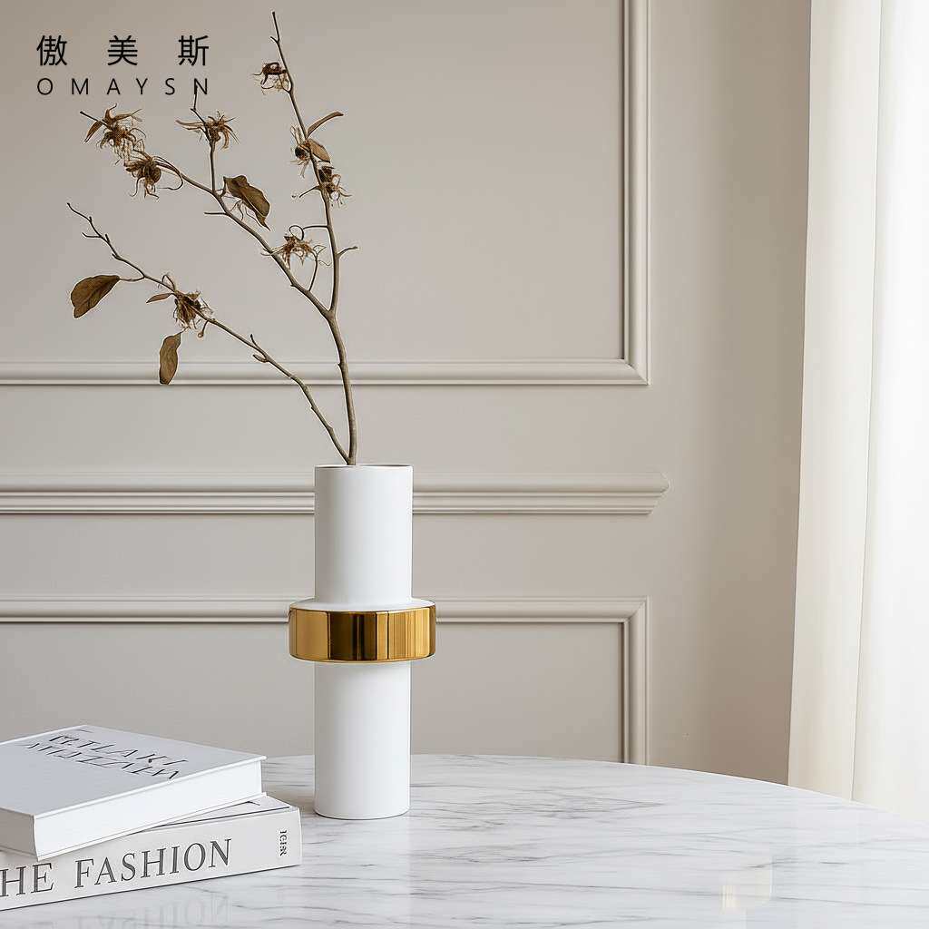 电镀陶瓷花瓶傲美斯Omaysn跨境客厅摆件轻奢金色花瓶陶瓷工艺品