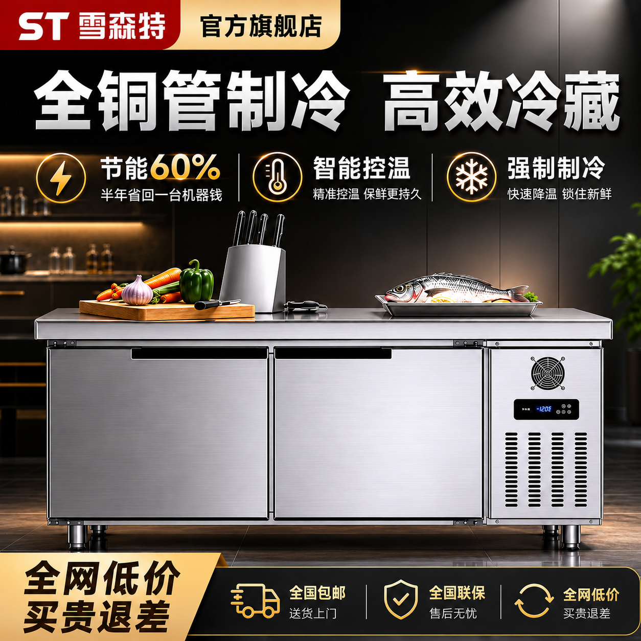 雪森特冷藏工作台冰柜冷冻柜商用冰箱平冷柜不锈钢保鲜厨房操作台