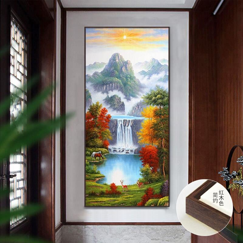 日出玄关现手绘轻奢中式简约美式装饰画山水新风景瀑布油画走廊