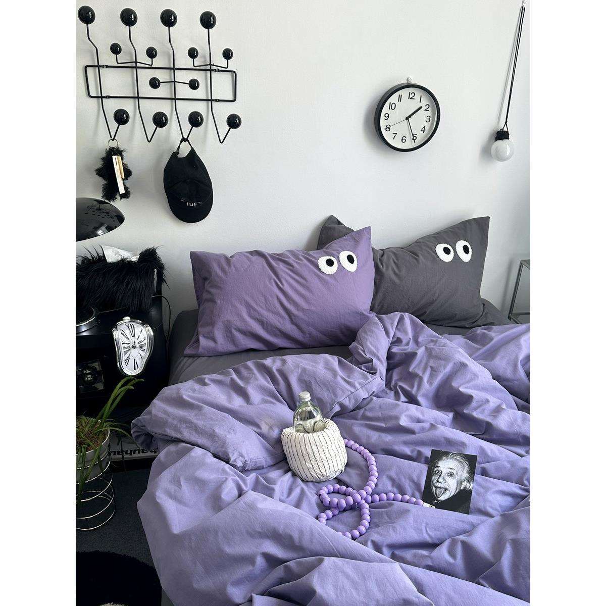 Purple紫灰黑眼睛毛巾绣水洗棉全棉四件套纯棉床单床笠床上4件套