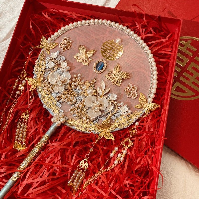 中式婚礼新娘喜扇冰蓝色秀禾服团扇结婚出嫁扇子diy材料包古典