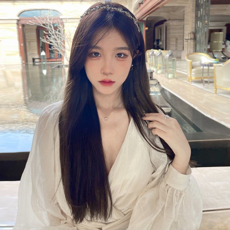 中分长直发蕾丝假发女 黑茶色无痕手织整顶假发 甜美风格佩戴方便