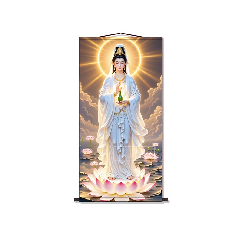 海上观音画像客厅卷轴挂画中式装饰画丝绸布佛家墙壁画国画挂轴