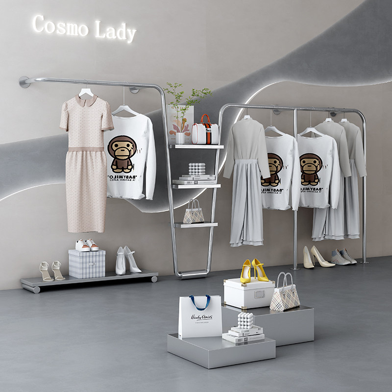 服装店展示架壁挂式不锈钢银色挂衣服架子女装店简约上墙陈列货架