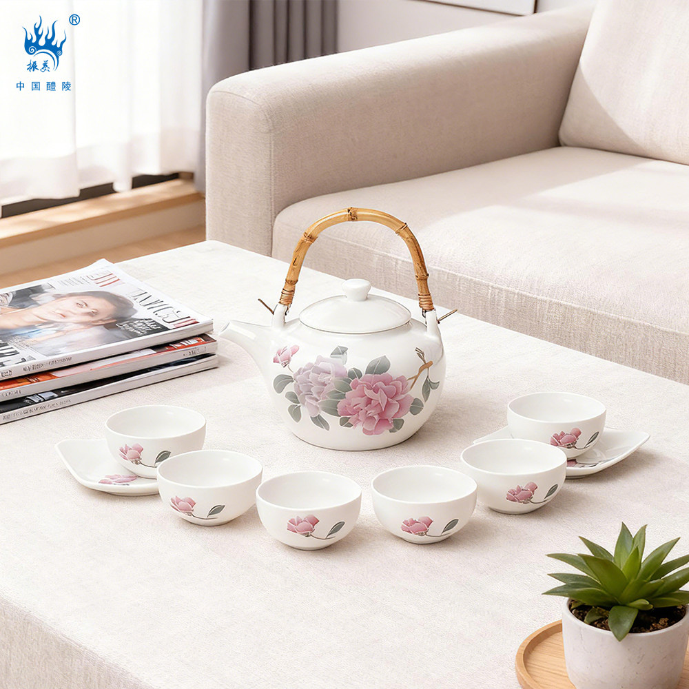 振美醴陵新中式手绘山茶花茶具套