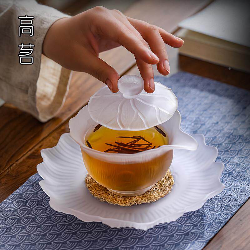 普单洱1449璃茶专用盖碗个不烫手白碗色磨砂玻泡茶功夫茶具琉璃手