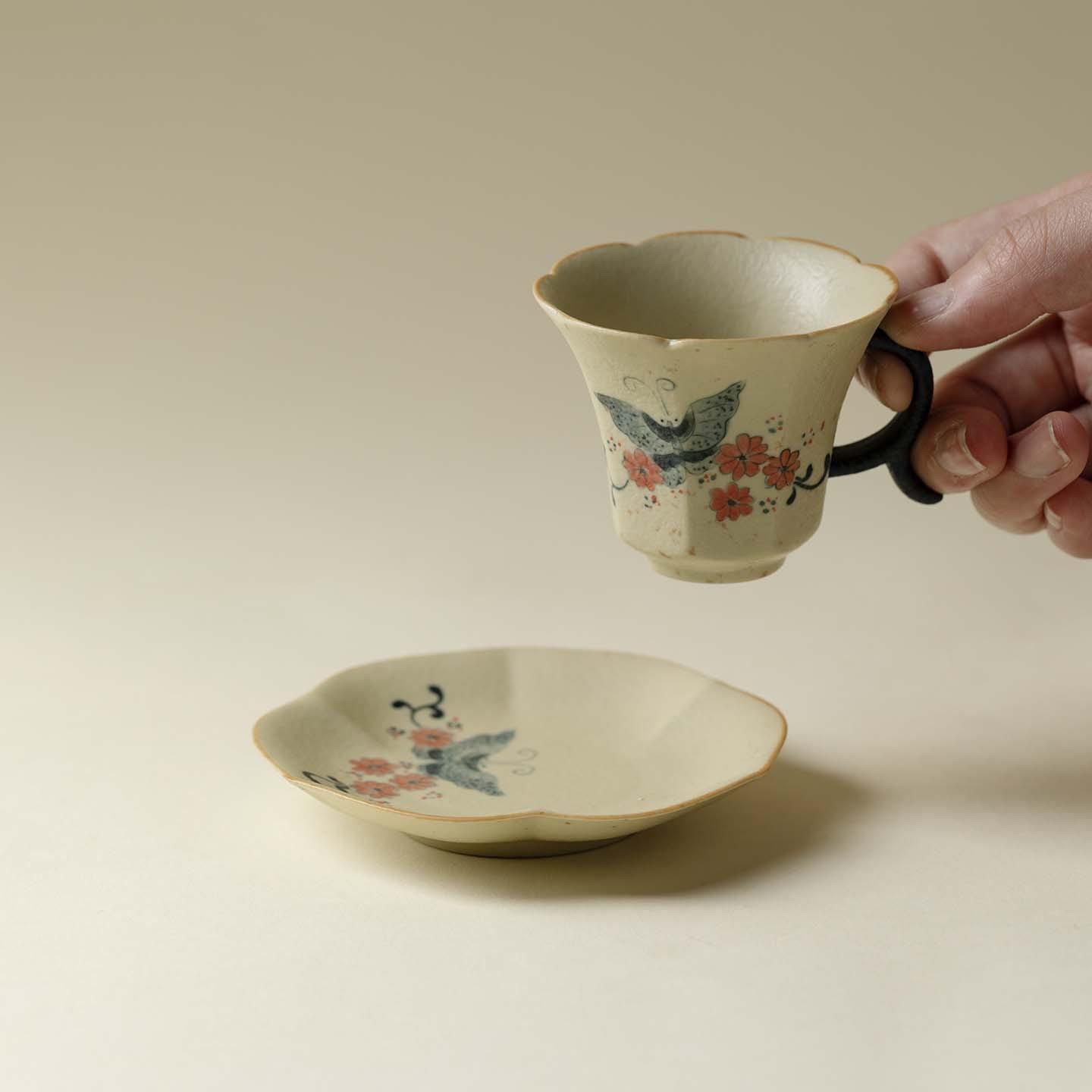 束刻 青花火石红茶杯杯托两件套手绘蝴蝶主人杯手工粗陶品茗杯