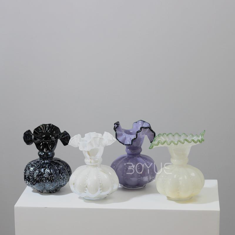 中古奶油风芬顿手工花边琉璃摆件创意客厅餐桌玄关水养鲜花干花瓶