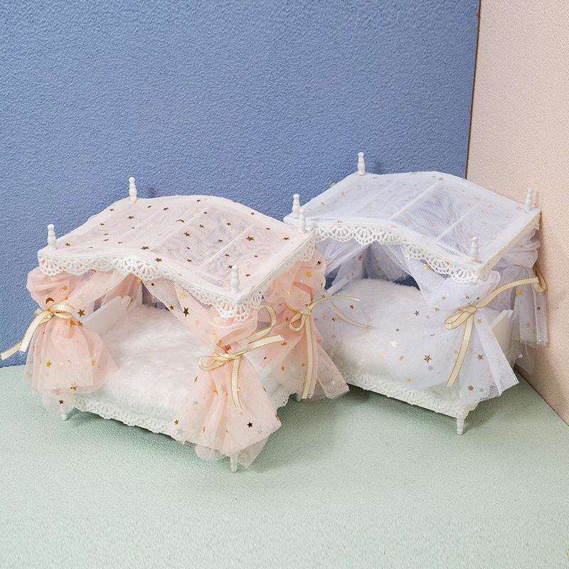 1:12娃娃屋配件dollhouse木质迷你家居卧室梦幻星月网纱公主床
