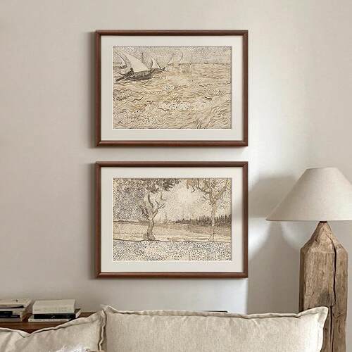 梵高素描风景画组合画法式复古艺术客厅装饰画中古风玄关斗柜挂画
