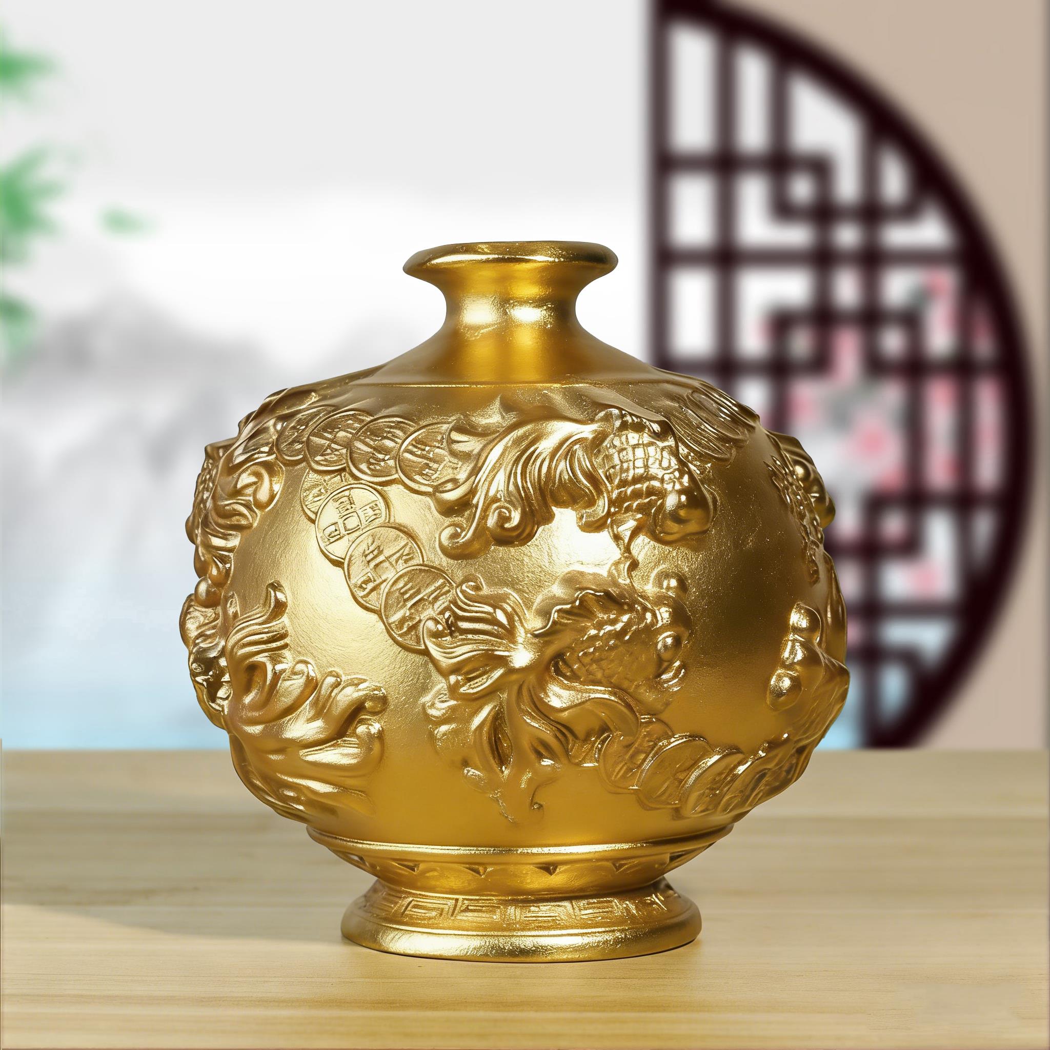 金玉满堂花瓶黑檀花木雕刻摆件年年有鱼客厅插花装饰家梨居工艺品