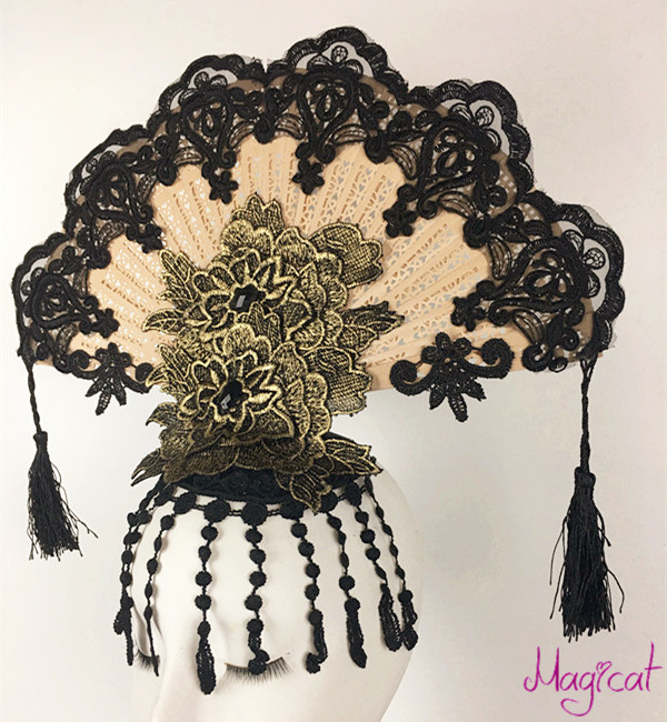 中国民族风黑色流苏扇子头饰舞台表演聚会影楼摄影写真创意发饰