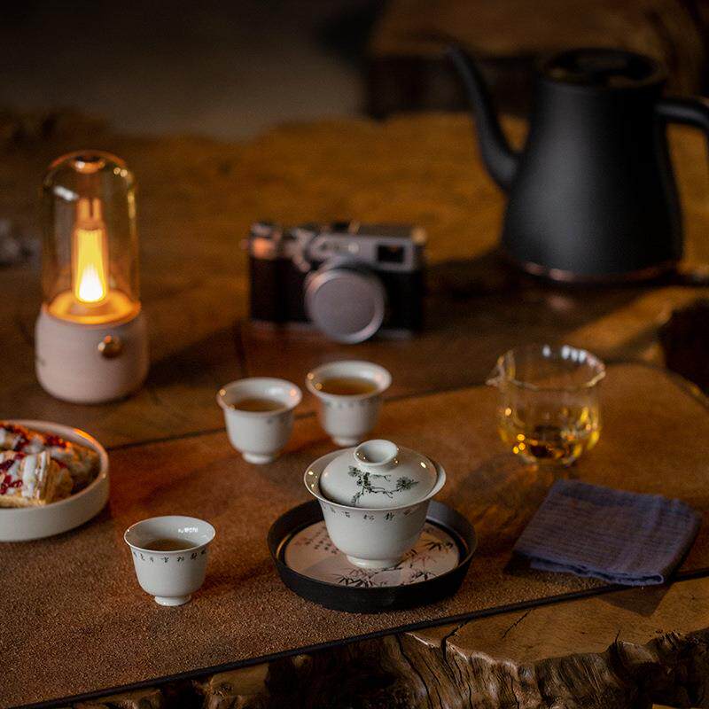 手绘白瓷松树旅行茶具快客杯一盖碗三杯陶瓷便携式棉麻收纳布袋