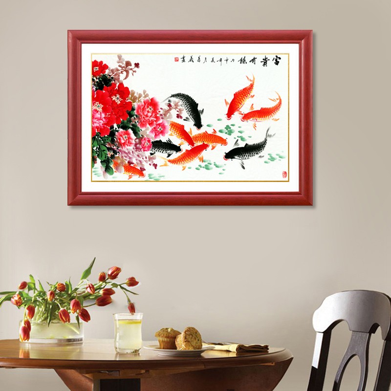 中式实木电表箱装饰画推拉画配电箱液压上翻免打孔电闸箱画九鱼图