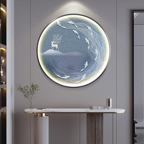 九鱼图入户玄关发光装饰画轻奢圆形led灯画餐厅壁画走廊过道挂画
