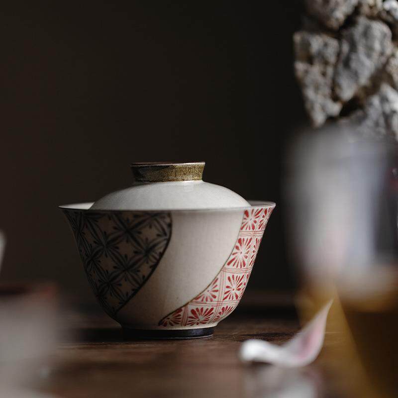 梵汝景德镇青花纯手绘两端花纹圆逸二才盖碗陶瓷茶具薄胎不烫手