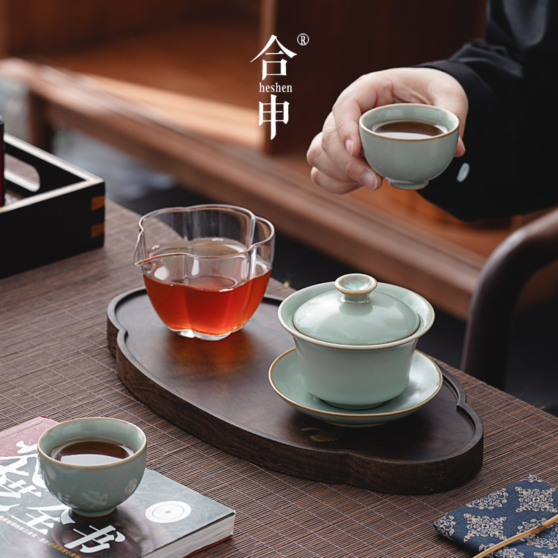 汝窑盖碗茶杯一人用功夫茶具小套装两杯简约陶瓷泡茶碗开片冰裂纹