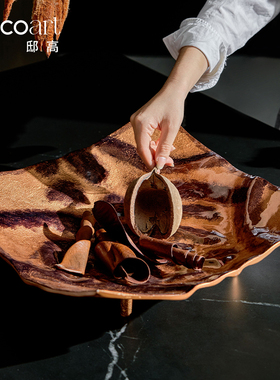 邸高家居创意进口图腾肌理金属果盘餐厅餐桌氛围感布置装饰品摆件