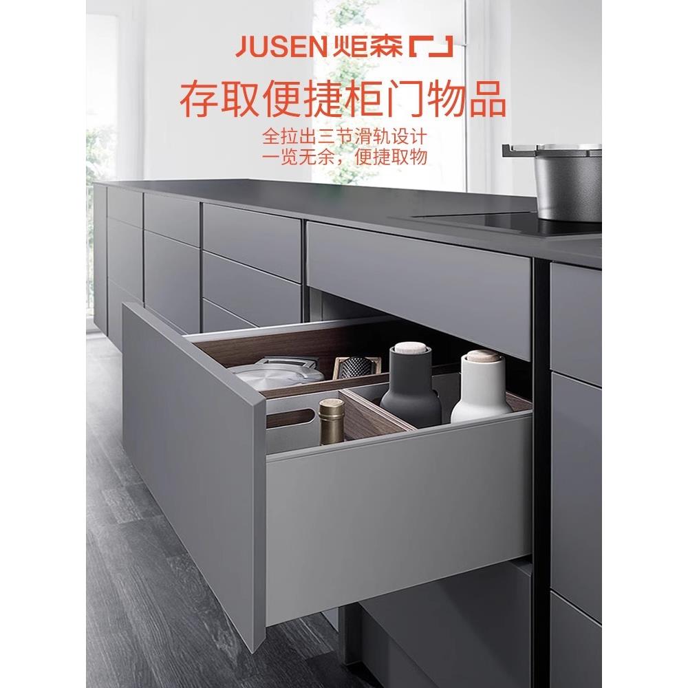 Jusen炬森自闭缓冲隐藏式滑轨全拉出镀锌导轨三节轨道阻尼托底轨图片