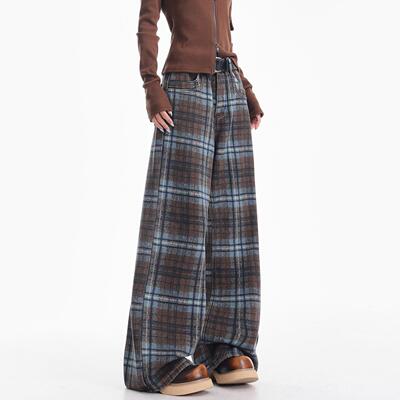 KEN STUDIO秋冬新款蓝色格子牛仔裤女加绒加厚宽松显瘦阔腿裤裤子