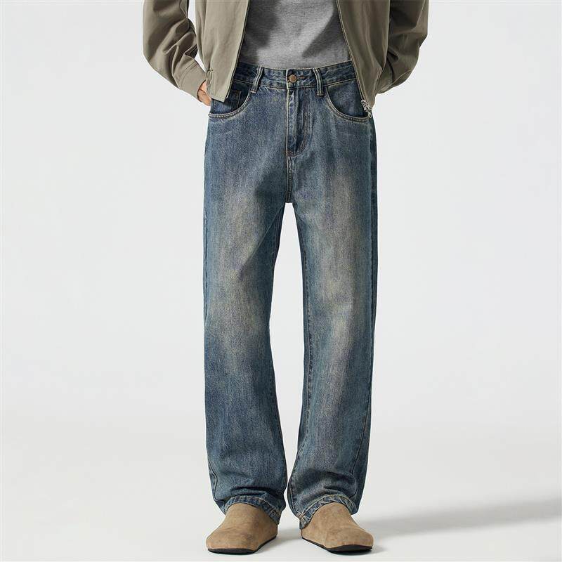 Kuvine秋冬季美式高街复古加绒牛仔裤男款cleanfit宽松直筒阔腿裤