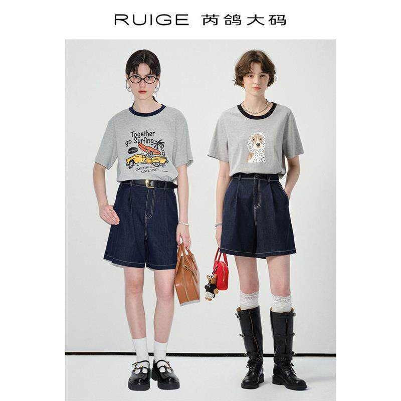 芮鸽大码复古牛仔裤港风直筒夏季新款休闲女装宽松短裤女高腰显瘦
